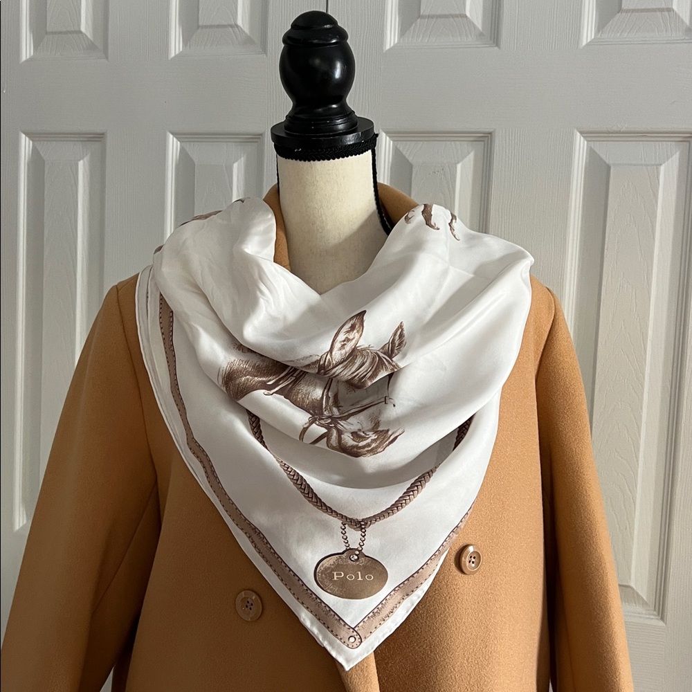 Polo Ralph Lauren Equestrian Silk Scarf Polo Horse Print Cream Brown - Picture 17 of 17